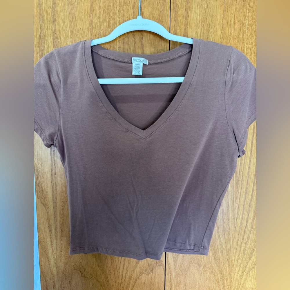 LIGHTLY USED: Bozzolo Taupe V-Neck Short Sleeve Crop Top